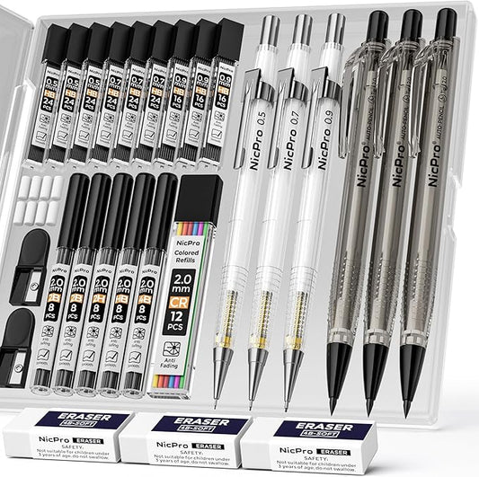 Nicpro 6 PCS Art Mechanical Pencils Set with Case, Drafting Pencil 0.5 & 0.7 & 0.9 mm and 3PCS 2mm Lead Holder (4B 2B HB 2H Colors) For Art Writing, Sketching Drawing,With Lead Refills Erasers-DeskLoop Office