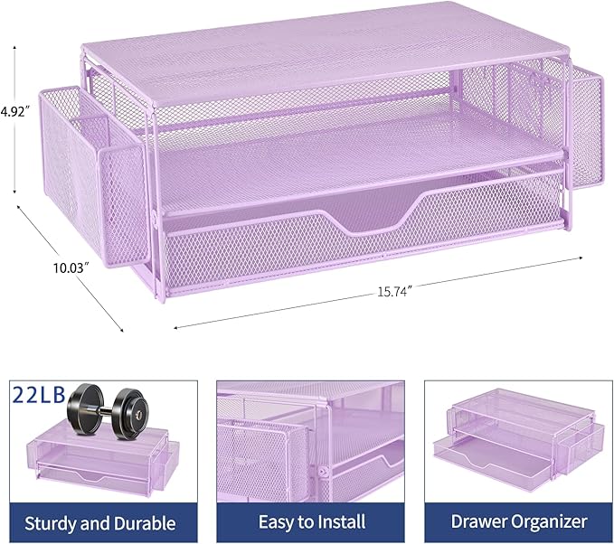 AUPSEN Computer Monitor Stands Riser,2-Tier Desk Organizers and Accessories, Office Desk Accessories Organizer with Drawers and 2 Pen Holder for Office Supplies (Purple)-DeskLoop Office