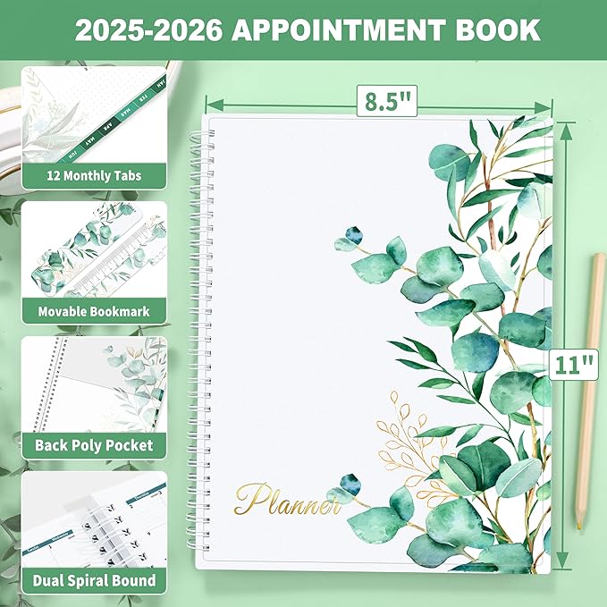 SUNEE 2025-2026 Appointment Book, Quarter-Hourly, Weekly & Monthly - from July 2025 to June 2026, 8.5"x11" Academic Planner, Flexible Cover, Note Pages, Bookmark, Spiral Binding, Leaves-DeskLoop Office