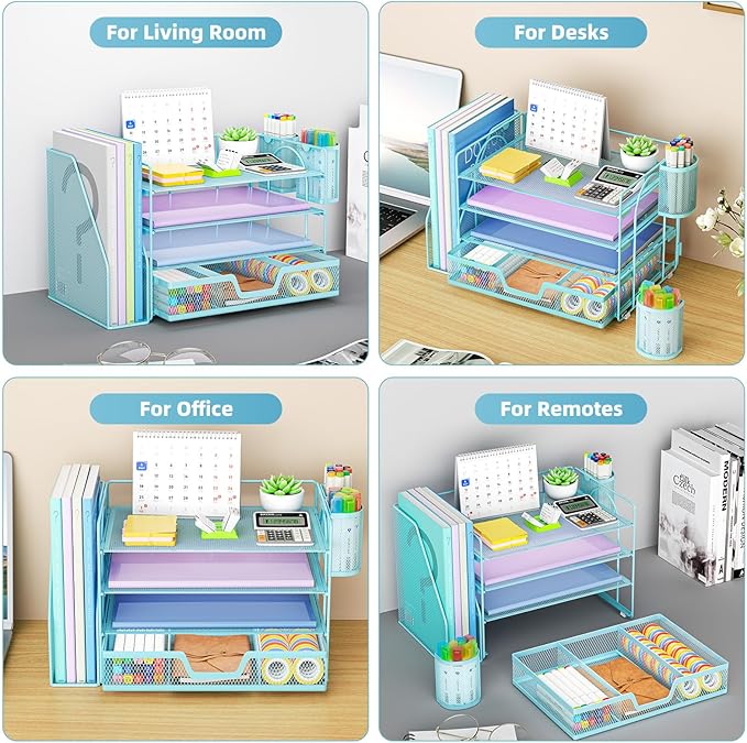 Marbrasse Desk Organizer and Accessories,4-Tier Paper Letter Tray Organizer with File Holder, Desk Accessories & Workspace Organizers with Drawer and 2 Pen Holder (Blue, 15.4" x 9.1" x 8.3")-DeskLoop Office