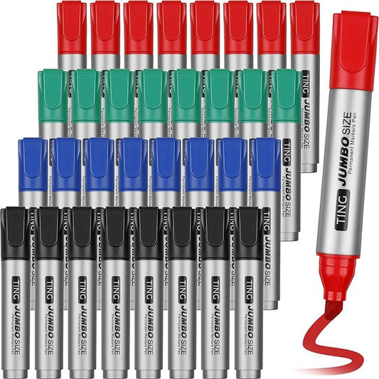 Fuutreo 32 Pcs Jumbo Permanent Markers Bulk Large Chisel Tip Permanent Markers Waterproof Jumbo Pens Quick Drying Office Teacher Supplies(Black, Green, Blue, Red)-DeskLoop Office