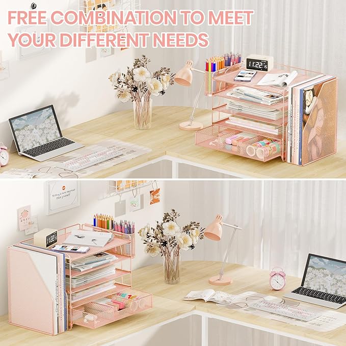 Desk Organizers and Accessories, 5-Tier Paper File Organizer with Drawer & Pen Holder, Office Desk Accessories Workspace Desktop Organizer for Office Supplies (Rose Gold)-DeskLoop Office