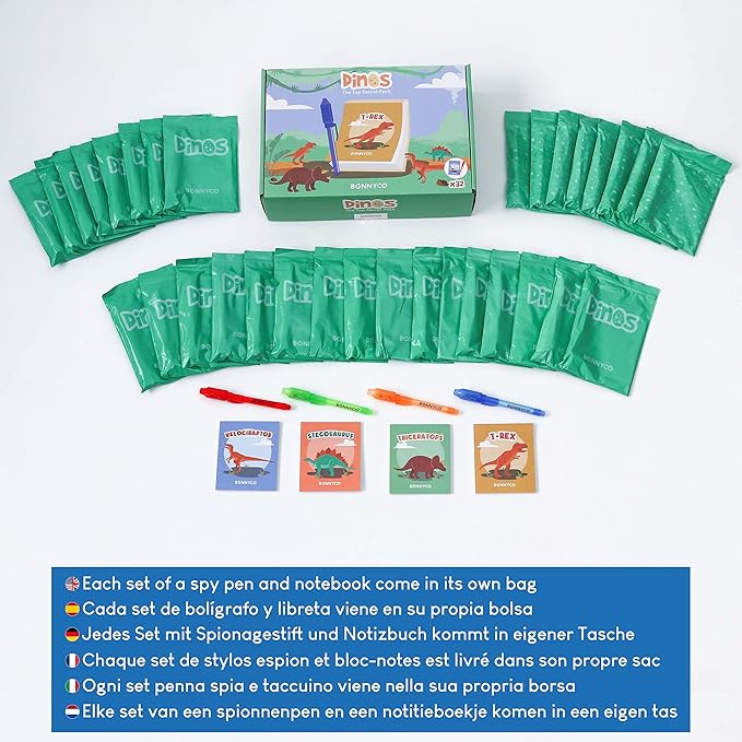 BONNYCO Invisible Ink Pen and Notebook Pack 32 Dinosaur Party Favors for Kids, Magic Spy Pen Goodie Bags Stuffers for Kids, Dinosaur Birthday Party Supplies, Goody Bag Stuffers Return Gifts Prizes-DeskLoop Office