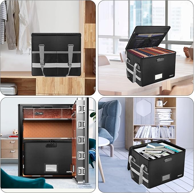 ENGPOW File Box with Lock,Fireproof Document Box with Zipper&Pockets,Collapsible File Organizer Filing Storage Cabinet with Handle,Portable Home Office Safe for Hanging Letter/Legal Folder,Black-DeskLoop Office