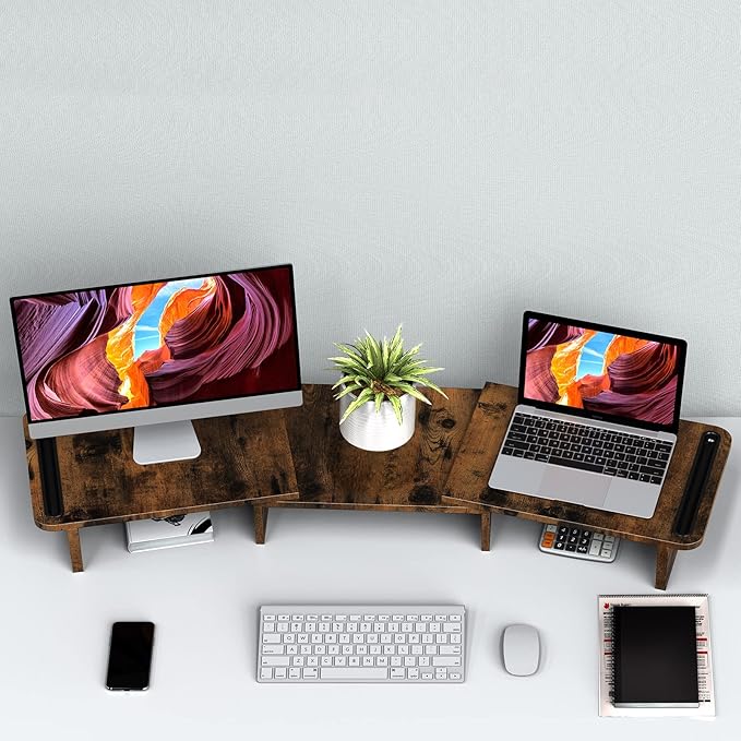Zimilar Dual Monitor Stand Riser, Monitor Stand with Adjustable Length and Angle, Wood Monitor stand for desk, Monitor Riser for 2 monitors with Storage Space(Rust Brown Large)-DeskLoop Office