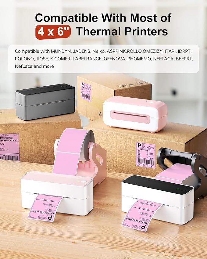 Phomemo 4x6 Thermal Label Printer Paper - 500 PCS Pink 4"x6" Fan-Fold Shipping Supplies Labels - Water/Oilproof Label Stickers - Permanent Adhesive Thermal 4x6 Labels for Small Business Supplies-DeskLoop Office