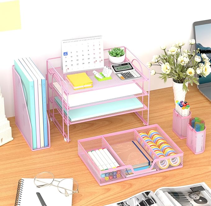 Marbrasse Desk Organizer and Accessories,4-Tier Paper Letter Tray Organizer with File Holder, Workspace Desk Organizers Accessories with Drawer and 2 Pen Holder (Pink, 15.4" x 9.1" x 8.3")