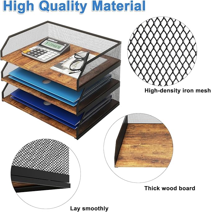 Natwind 3-Tier Stackable Paper Tray, Metal Mesh Desktop Organizer, Paper Sorter, Letter Trays,File Document Storage Rack for for Home, Office, School (Retro)-DeskLoop Office
