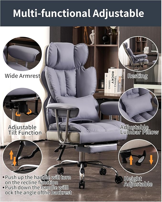 Efomao Big and Tall Office Chair 400LBS, Heavy Duty Executive Office Chair with Foot Rest, Home Office Desk Chairs, Purple Big Tall Computer Chairs-DeskLoop Office