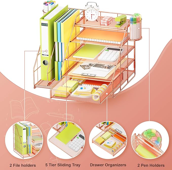 Marbrasse Desk Organizer with File Holder, 5-Tier Desk Organizers and Accessories with Drawer and 2 Pen Holder, Mesh Paper Letter Tray, Desktop Organizer and Storage for Office Supplies (Rose Gold)-DeskLoop Office