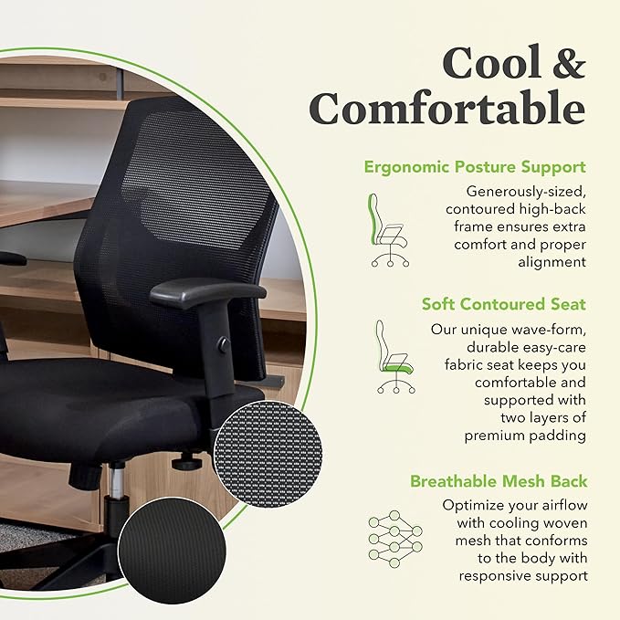 HON Crio High Back Task Chair, Ergonomic Office Chair with Adjustable Arms and Back Support, Lumbar Support, 360 Swivel, Adjustable Center-Tilt Recline, for Computers, Desks, Home Office, Black-DeskLoop Office
