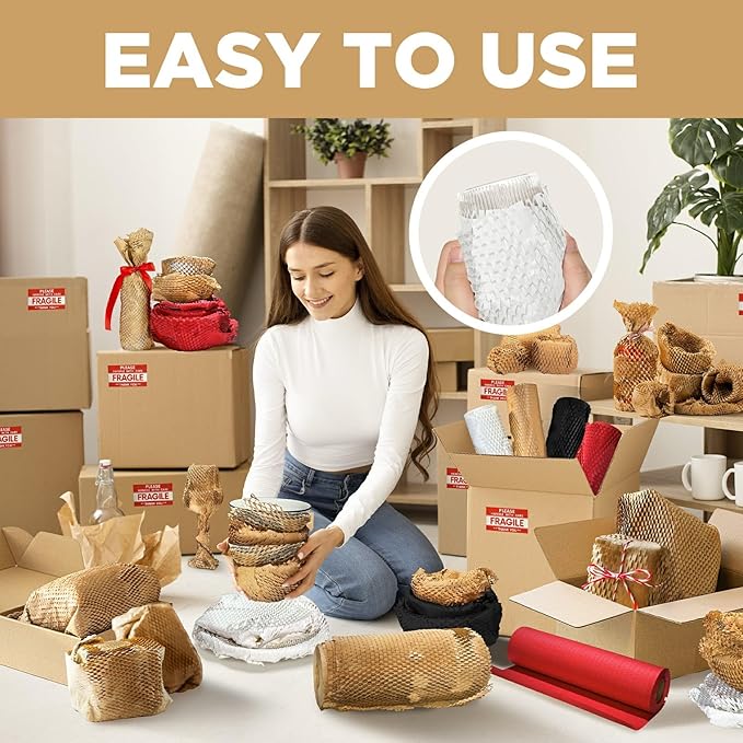 Honeycomb Packing Paper, 12"x400' White | Perforated Honeycomb Packing Paper Recyclable Moving Supplies for Shipping & Moving | Plastic-Free Alternative to Bubble Cushion Wrap with 36 Fragile Stickers-DeskLoop Office