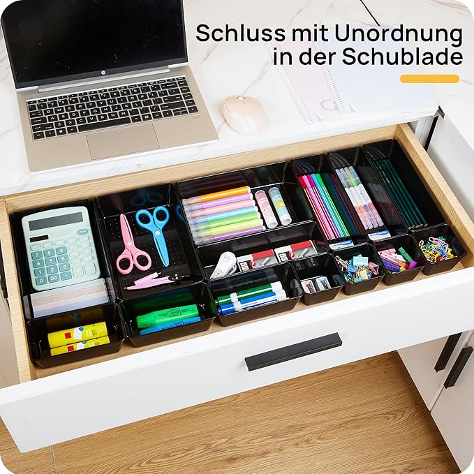 Vtopmart 25 PCS Office Desk Drawer Organizers Set, 4-Size Versatile Plastic Drawer Organizer Trays, Storage Bins for Desk Accessories Office Organizers and Storage, Bathroom, Makeup, Vanity, Black-DeskLoop Office
