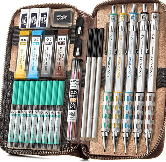 Nicpro Blocky Gear Metal Mechanical Pencil Set in Leather Case, 29PCS Art Drafting Pencils 0.3, 0.5, 0.7, 0.9&2mm Lead Pencil with 330PCS Lead (HB 2H 4H 2B 4B 6B Color) For Writing Sketching Drawing-DeskLoop Office