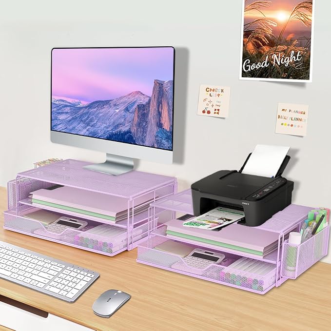 AUPSEN Computer Monitor Stands Riser,2-Tier Desk Organizers and Accessories, Office Desk Accessories Organizer with Drawers and 2 Pen Holder for Office Supplies (Purple)-DeskLoop Office