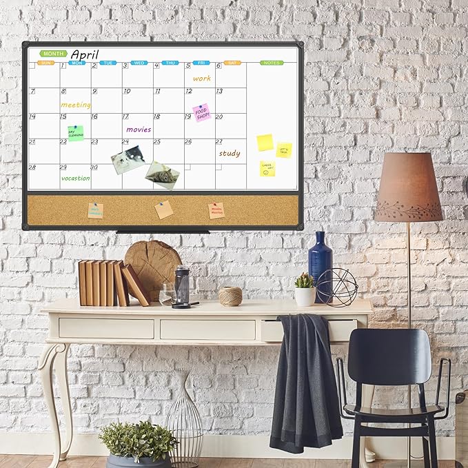 JILoffice Magnetic Calendar Whiteboard & Bulletin Corkboard Combination, Combo Board 36 x 24 Inch, Black Aluminum Frame Wall Mounted Board for Office Home and School with 10 Push Pins-DeskLoop Office