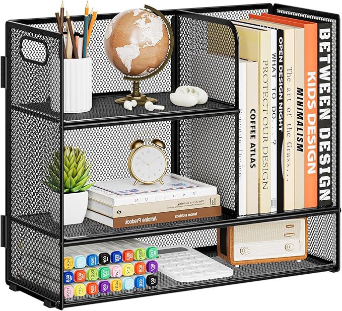 Marbrasse 2-Tier Desk Shelf Organizer with Handle, Desktop Bookshelf File Holder, Mesh Display Shelf Organizer Storage Rack for Office, Home, Supplies, Kitchen (Black)-DeskLoop Office