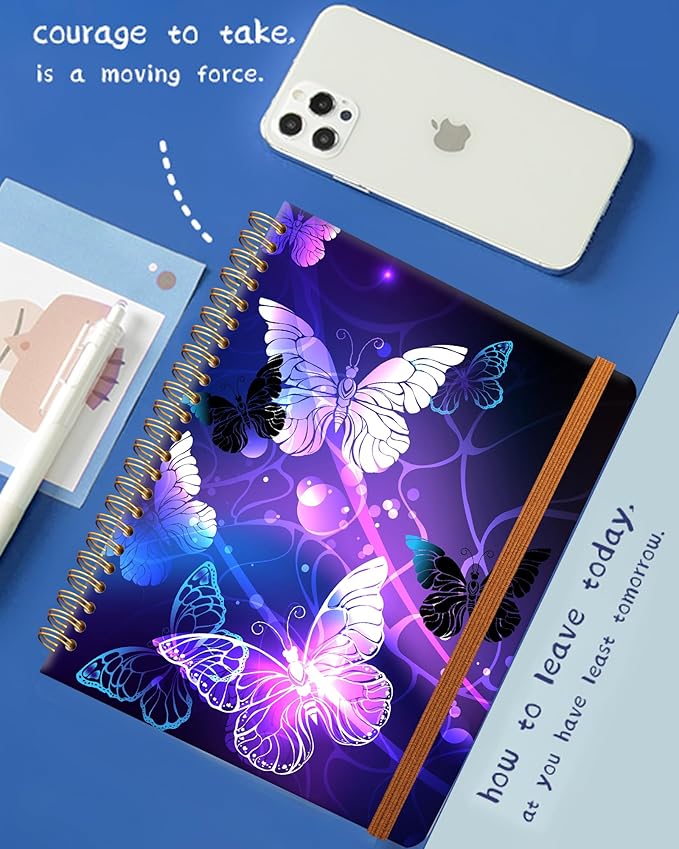 Ruled Spiral Writing Notebook,A5 Hardcover Lined College Journal for Women Lady,Fashion Puppy Watercolor Strong Twin-Wire Binding with Premium Paper,8.4" X 6",Perfect for School,Office,Home Gifts(Night Glowing Butterfly)-DeskLoop Office