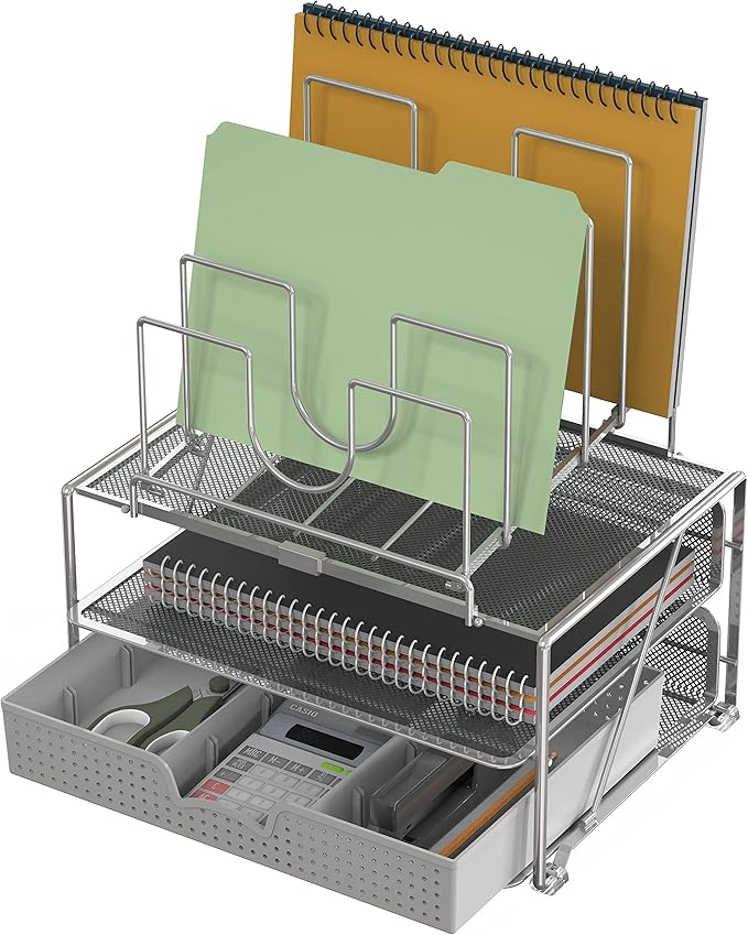 DecoBrothers Desktop File Organizer with Double Tray and 5 Folder Stand, Silver-DeskLoop Office