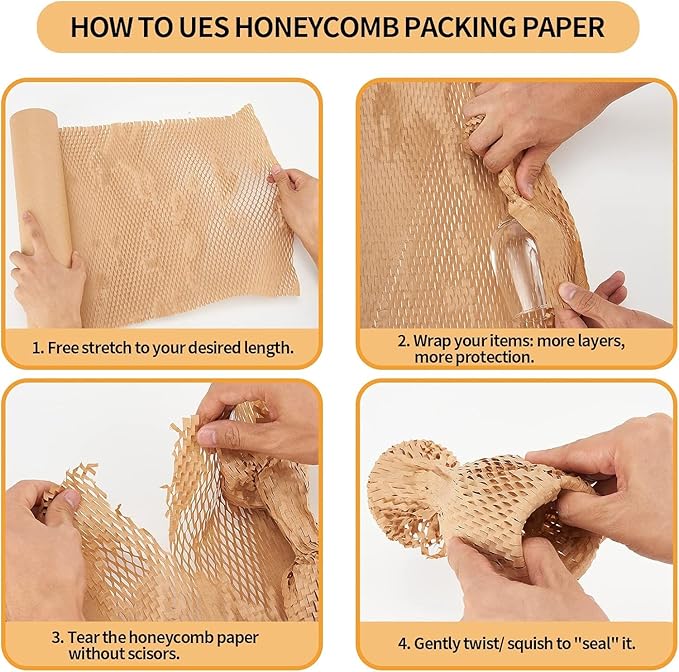 Honeycomb Packing Paper, HONSREO 15in x 300ft Eco Friendly Recyclable Cushioning Material, Bubble Wrap for Moving Shipping Breakable Supplies with 20 Fragile Sticker Lables (Brown)-DeskLoop Office