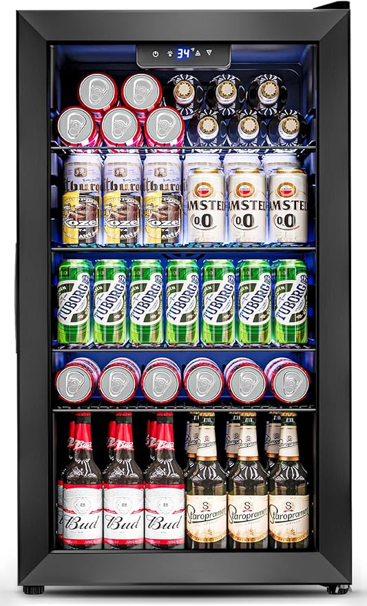 3.2 Cu.Ft Mini Fridge with Glass Door - 126 Can Beverage Refrigerator Cooler for Drink Beer Wine Soda, Small Fridge for Bedroom Office Bar Dorm, 4 Adjustable Shelves, Black-DeskLoop Office