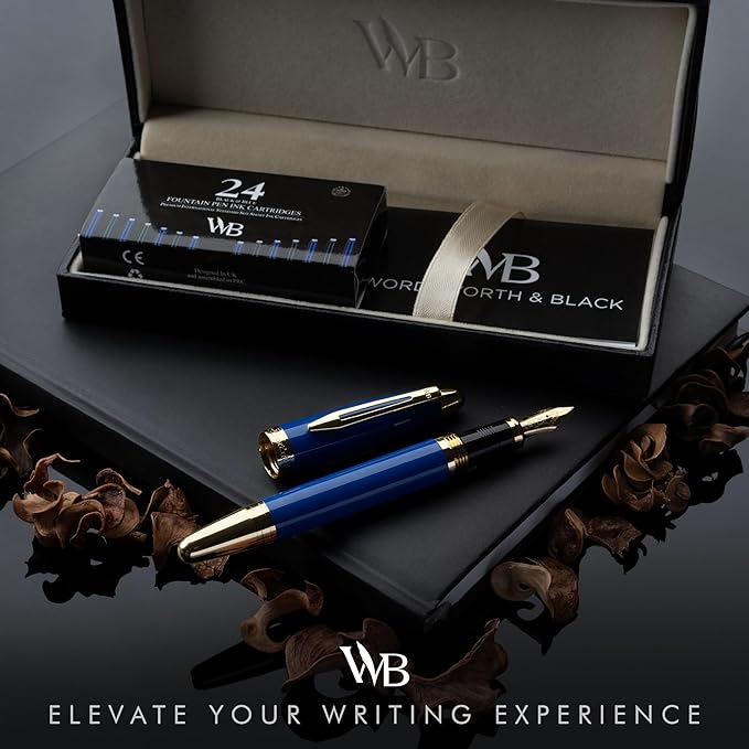 Wordsworth & Black Majesti Fountain Pen-(Blue), Luxury Case, 24K Gold Finish; 18K Gilded Medium Nib- Ink Cartridges, Refillable Ink Converter-Calligraphy Pen-Best Business Gift Set for Men & Women-DeskLoop Office