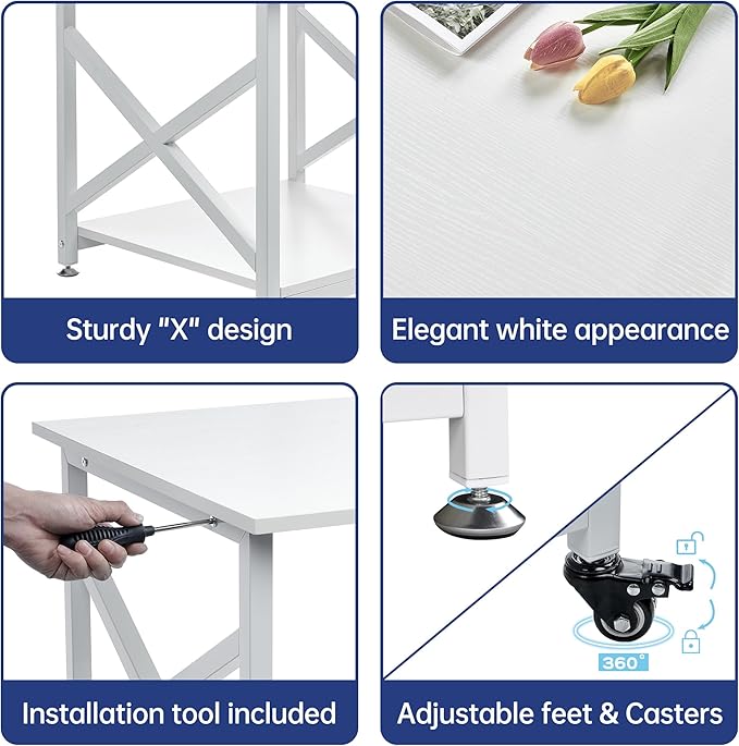 23.6 x 23.6 Inches Large Printer Stand, 2 Tier Square Printer Table with Storage Shelf for Home Office, Multi-use Rolling Cart with Wheels for Laser, 3D Printer and Mini Fridge - White-DeskLoop Office