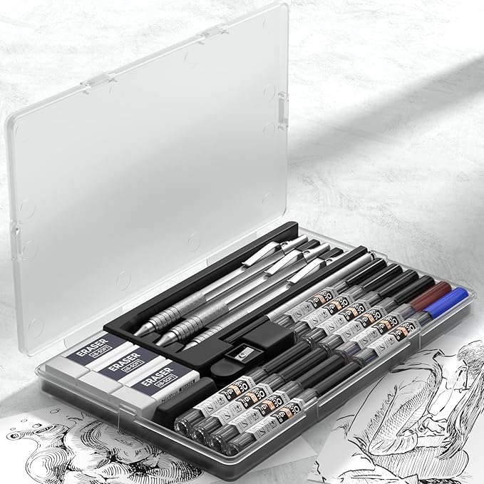 Nicpro Metal 2.0 Mechanical Pencil Set with Case, 3 PCS Drafting Lead Holder with 10 Tubes 2mm Graphite Lead Refill(HB 2H 4H 2B 4B) &Colors, Sharpeners, Erasers for Artist Writing, Drawing, Sketching-DeskLoop Office