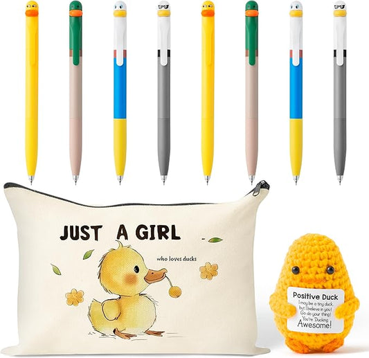 Ducks Gel Ink Pens - 10Pcs Happy Knitted Duck Stress Relief Stationery Set Little Yellow Duck Accessories Lovely Retractable Gel Pens Zipper Organizer Pen Pouch Kids' Birthday Party Favor Gift-DeskLoop Office