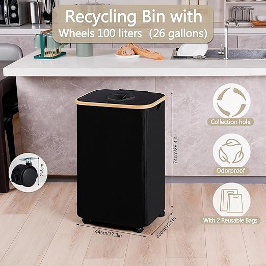 efluky Recycle Bins for Kitchen 100L (26 Gallon), Recycling Bin with Wheels and 2 Removeable and Reusable Inner Bags, Kitchen Recycling bin with lid for Bottle Can Plastice Stickers, Black-DeskLoop Office