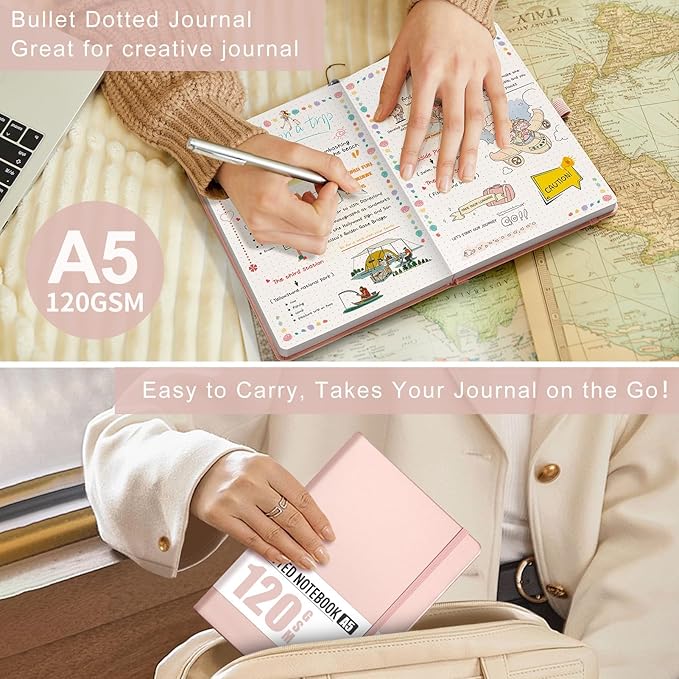 AHGXG Bullet Dotted Journal - Dot Grid Notebook Journal, 120 GSM Thick Acid-Free Paper, A5 Dotted Notebook 160 Pages, Leather Hardcover, Inner Pocket, Journal Stencil, 5.7'' × 8.3'' - Rose Gold-DeskLoop Office