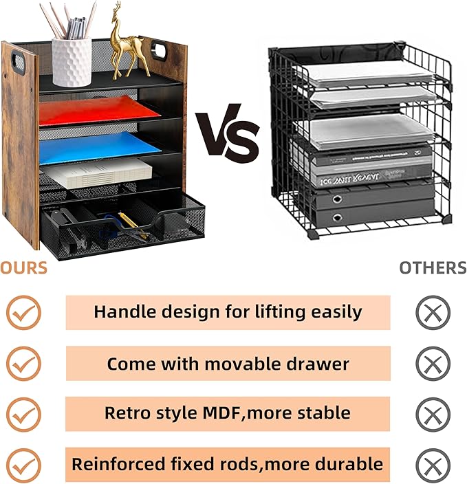 Wood Desk Organizer - 5-Tier Desktop File Organizer with Drawer, Wooden Paper Tray, Office Desk Organzier and Accessories for Papers, Mail, Notebooks, Stationery-DeskLoop Office