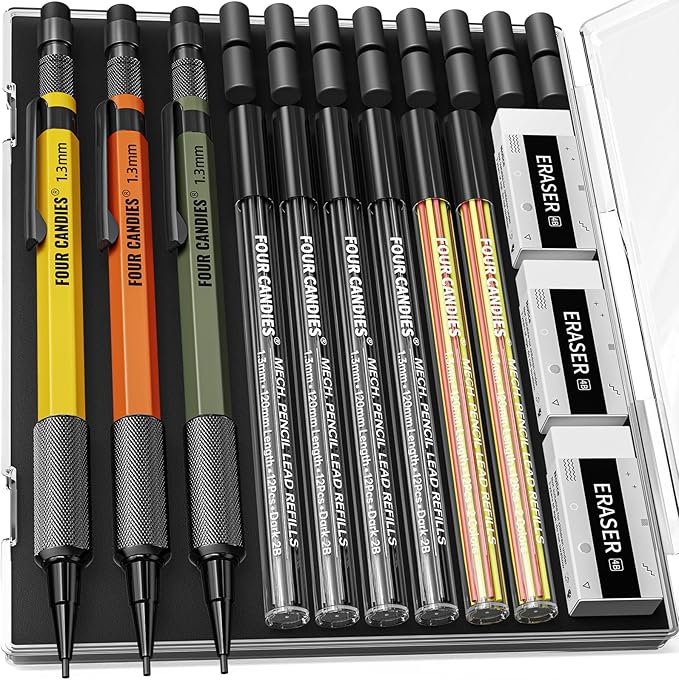 Four Candies 1.3mm Mechanical Pencil Set with 72 Lead Refills, 3PCS Metal Weatherproof Body Heavy Duty Carpenter Pencil, 3 Eraser, 16 Eraser Refills, for Outdoor Woodworking Drafting Marking with Case-DeskLoop Office