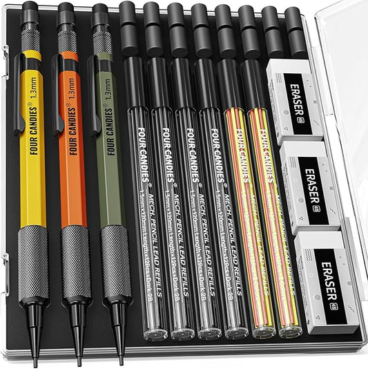 Four Candies 1.3mm Mechanical Pencil Set with 72 Lead Refills, 3PCS Metal Weatherproof Body Heavy Duty Carpenter Pencil, 3 Eraser, 16 Eraser Refills, for Outdoor Woodworking Drafting Marking with Case-DeskLoop Office