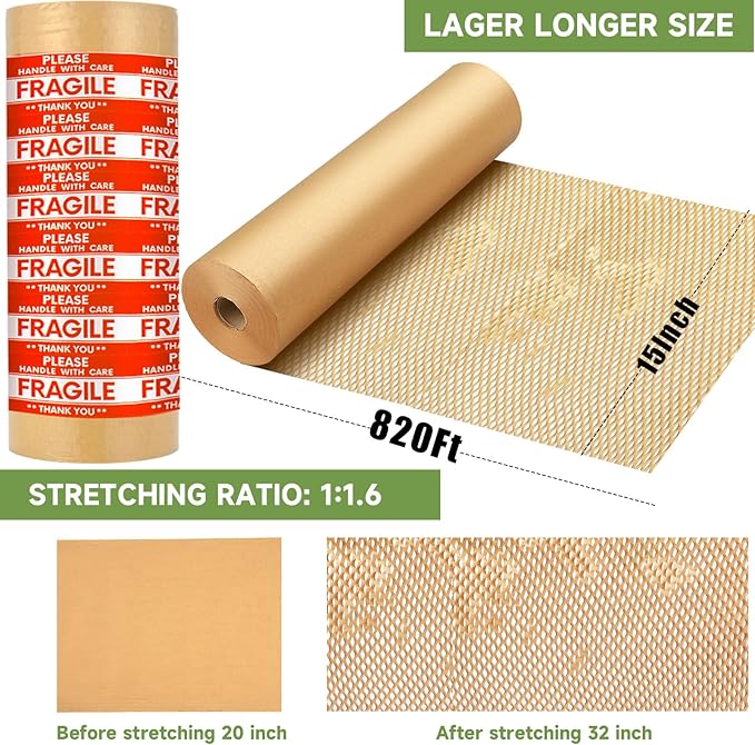 Honeycomb Packing Paper Wrap 15''x820', Substitute Alternative for Bubble Cushioning Wrap for Moving Shipping Packaging, Recyclable Moving Supplies with 48 Fragile Sticker Labels-DeskLoop Office