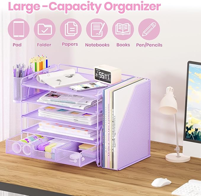 Desk Organizers and Accessories, 5-Tier Paper File Organizer with Drawer & Pen Holder, Office Desk Accessories Workspace Desktop Organizer for Office Supplies((Purple)-DeskLoop Office