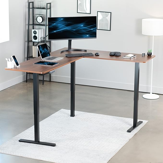 VIVO Electric Corner L-Shaped 75 x 63 in Standing Desk, Memory Height Adjustment, Dark Walnut Top Black Frame, DESK-E3CTD-75-DeskLoop Office