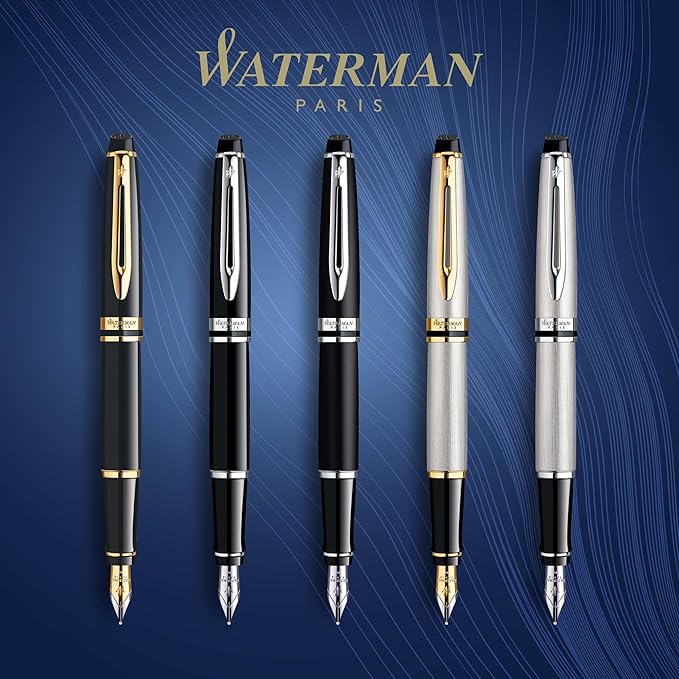 Waterman Expert Fountain Pen, Gloss Black with 23k Gold Trim, Medium Nib, Luxury Pen in Gift Box, Fountain Pen for Writing-DeskLoop Office