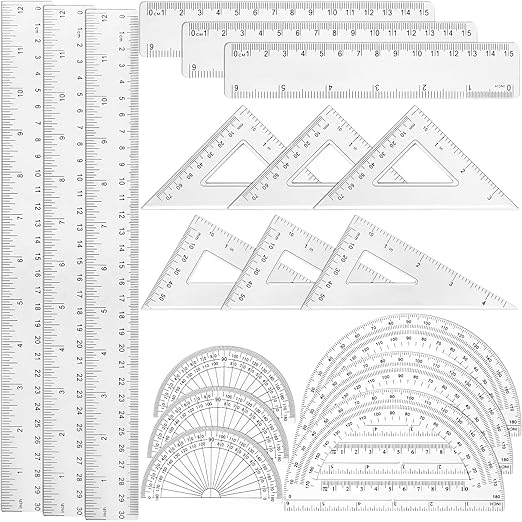 Tenare 18 Pcs Plastic Clear Math Set Includes Protractor Triangle Rulers 12 Inch 6 Inch Straight Geometry Math Transparent Ruler Measuring Tool for School Office Home Supplies-DeskLoop Office