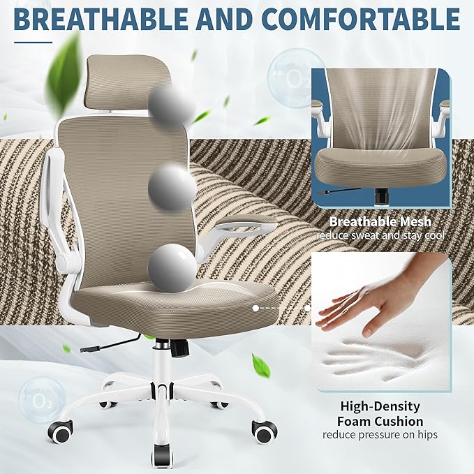 FelixKing Ergonomic Office Chair, Headrest Desk Chair Office Chair with Adjustable Lumbar Support, Home Office Swivel Task Chair with High Back and Armrest, Adjustable Height Gaming Chair(Khaki)-DeskLoop Office