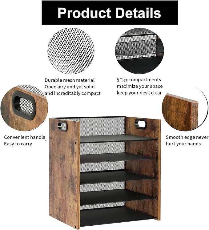 Wood Desk Organizer - 5-Tier Desktop File Organizer, Wooden Paper Tray, Office Desk Organzier and Accessories for Papers, Mail, Notebooks, Stationery-DeskLoop Office
