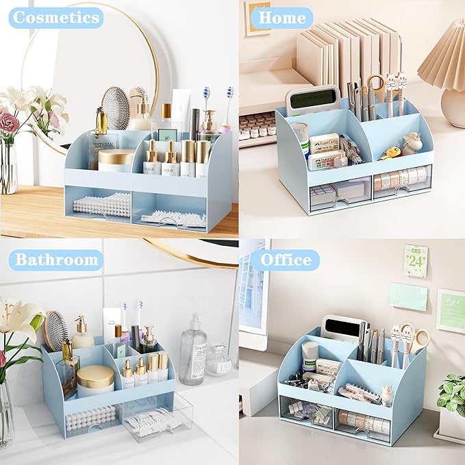 Desk Accessories with Pen Holder, Office Supplies Desk Organizers and Accessories, Tape Dispenser, Stapler, Staple Remover, Staples, Clips Set, Ruler, Scissor, Pen, Tape (Blue)-DeskLoop Office