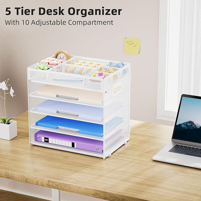 Marbrasse 5-Tier Letter Tray Paper Organizer with Handle, Multi-Functional Mesh File Organizer for Desk, Adjustable Compartments Mesh Desktop Storage for Office Supplies,White-DeskLoop Office