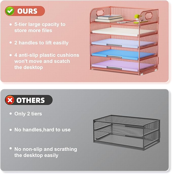 Marbrasse 5 Tier Paper Organizer Letter Tray, Mesh Desk File Organizer with Handle, Paper Sorter Desk Organizer for Home Office Supplies - Rose Gold-DeskLoop Office