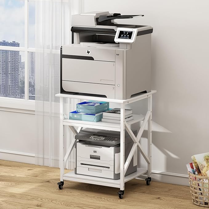 Large Printer Stand with Height Adjustable Storage Shelf, 23.6 x 23.6 Inches Square Printer Table with Industrial Wheels, Multi-use 3 Tier Rolling Printer Cart for Home Office - White-DeskLoop Office