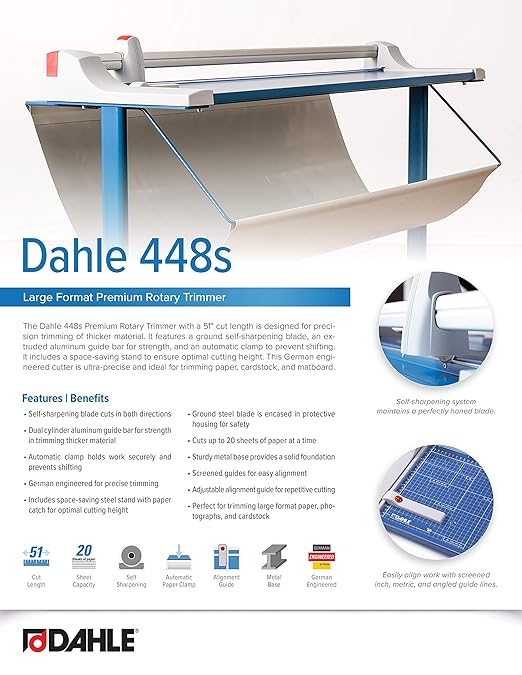 Dahle 448s Premium Rotary Trimmer w/Stand, 51" Cut Length, 20 Sheet Capacity, Self-Sharpening, Automatic Clamp, German Engineered Paper Cutter-DeskLoop Office