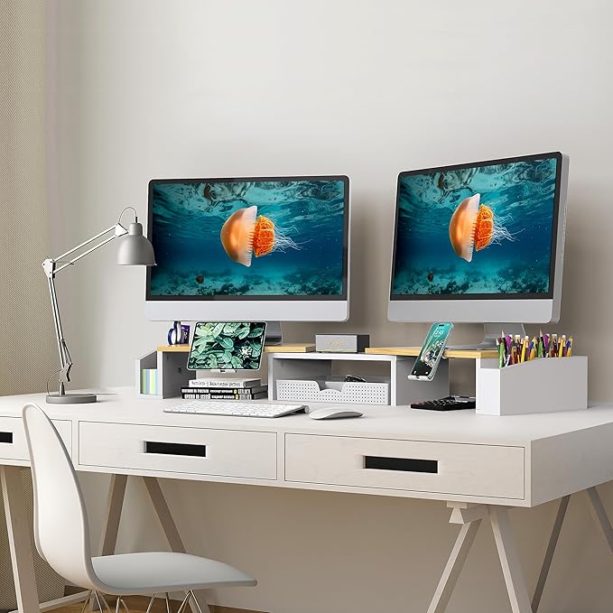 Simple Houseware Desk Dual Monitor Stand Riser with Drawer, Oak-DeskLoop Office