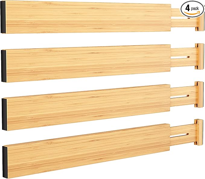 BAMEOS Drawer Divider,Expandable Bamboo Separators Adjustable Utensil Knife Fork Tool Kitchen Organizer, Clothes Fabric Drawer Organizer In Bathroom Bedroom Office, Cabinet Dresser Organizer 4-pack-DeskLoop Office