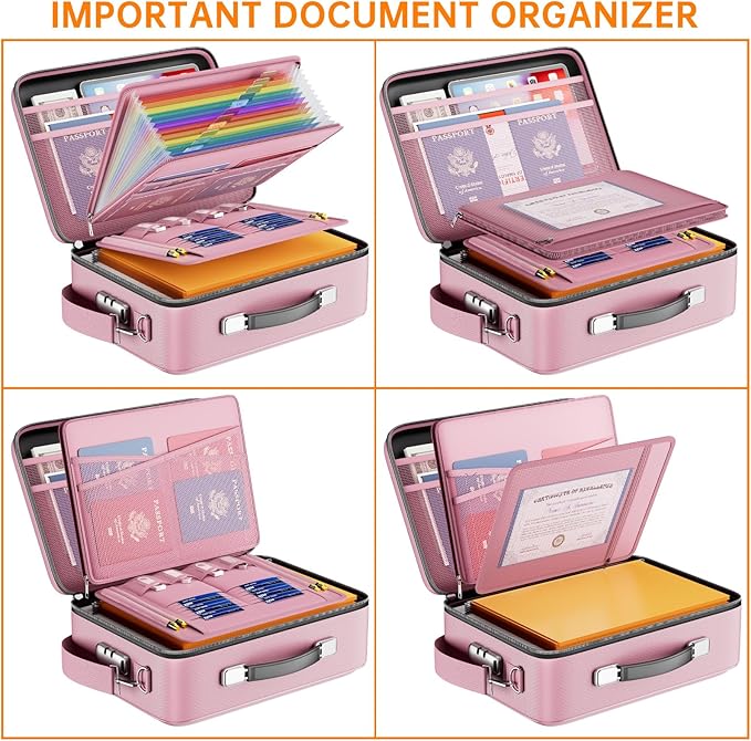 DocSafe Fireproof Document Box with Lock, Hard Case File Organizer with Accordion File Folder, Fireproof Water Resistant Safe Box Home Office Travel Storage for Important Documents Laptop Pink-DeskLoop Office