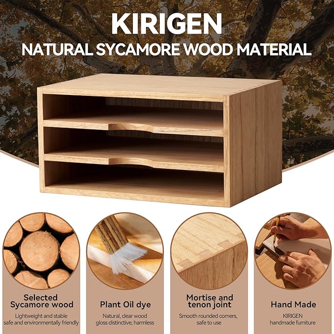KIRIGEN Wooden Desktop Organizer Paper Storage Letter Tray File Sorter - Desk Rack Magazine File Dividers Holders for Home Office Accessories Wood Desk Cabinet with 3 Layer Trays Natural(3KWJG-NA)-DeskLoop Office